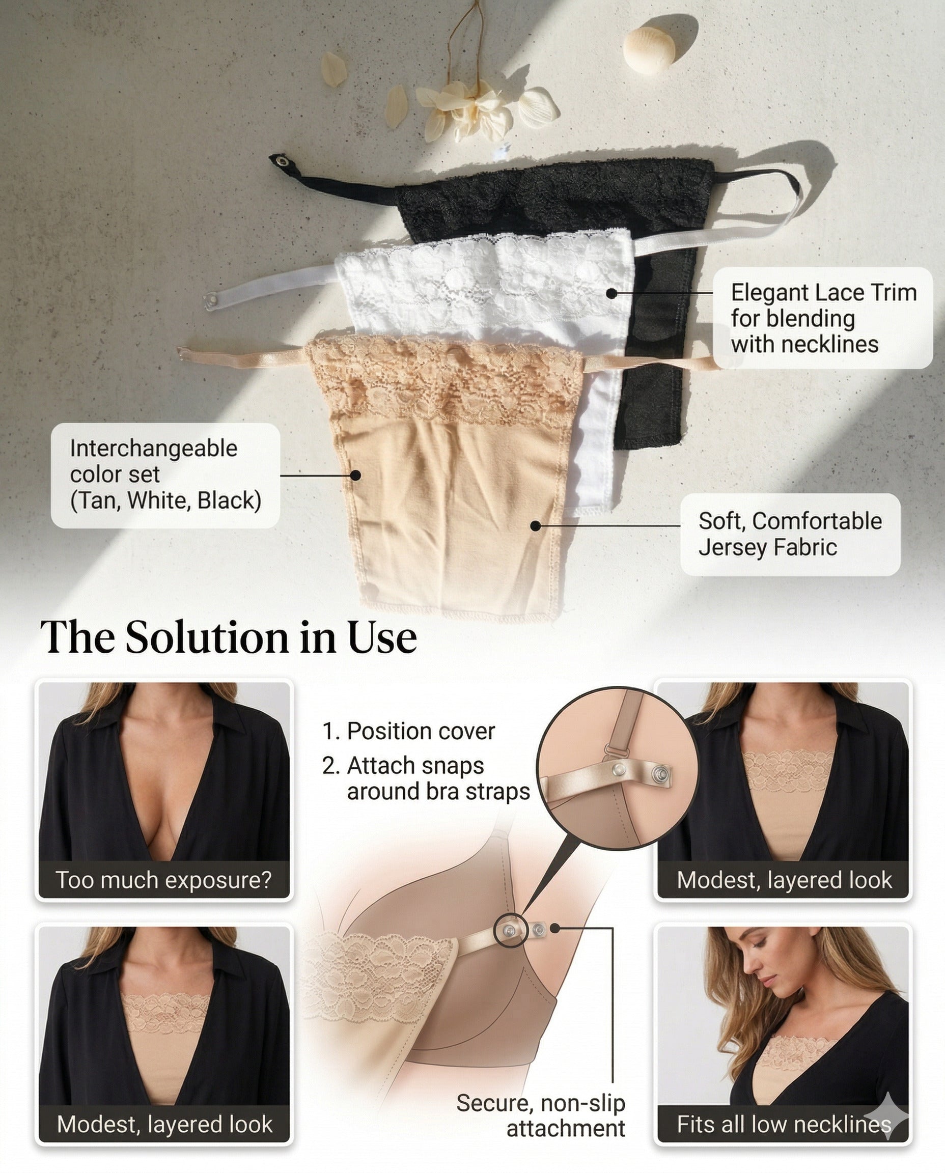 Clip-On Lace Camisole Insert – Deep Neck Coverage | Set of 3
