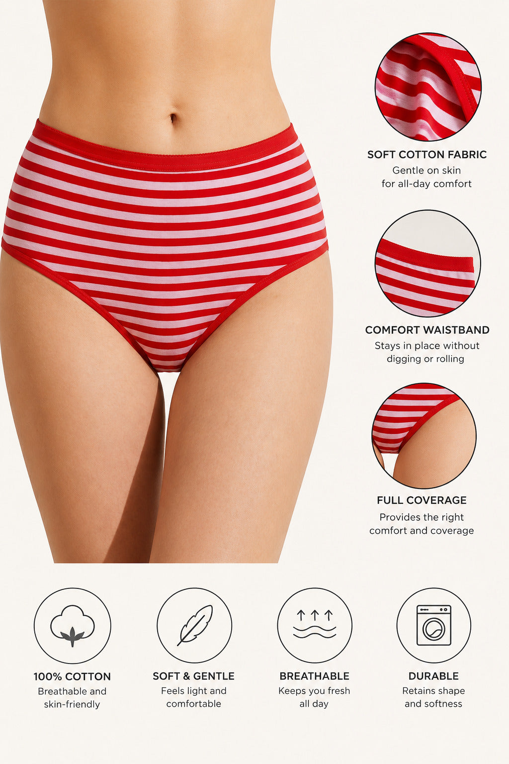 Soft Cotton Striped Panty Combo Pack of 3 for Women | Red, Purple & Orange